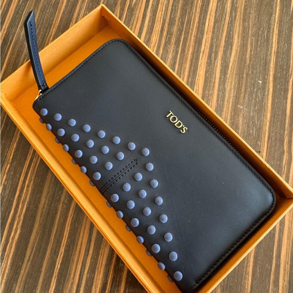 Brand New In Box Tod's Black Wallet with Blue Studs